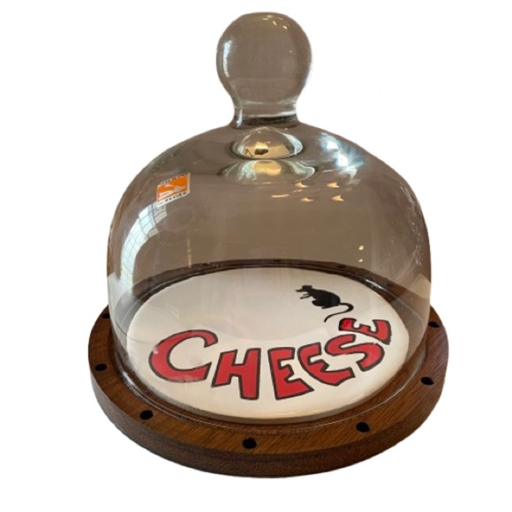 Vintage Cheese Cloche 7 3/4” w/ Painted Ceramic Tray & Wooden Base MCM Kitschy